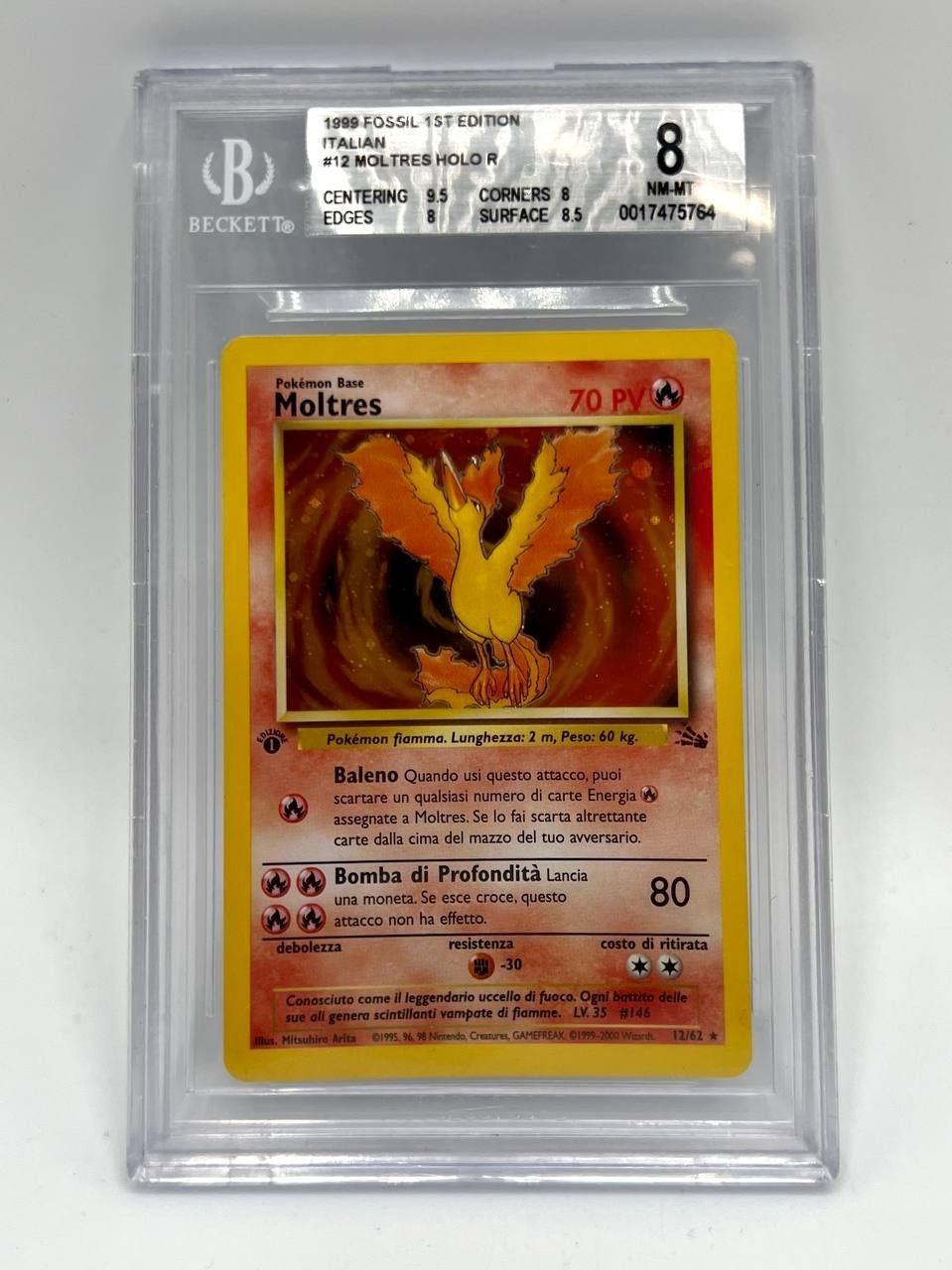Carta pokemon Moltres 12/62 set Fossil Italiano Holo BGS 8 Vintage 1a Edizione