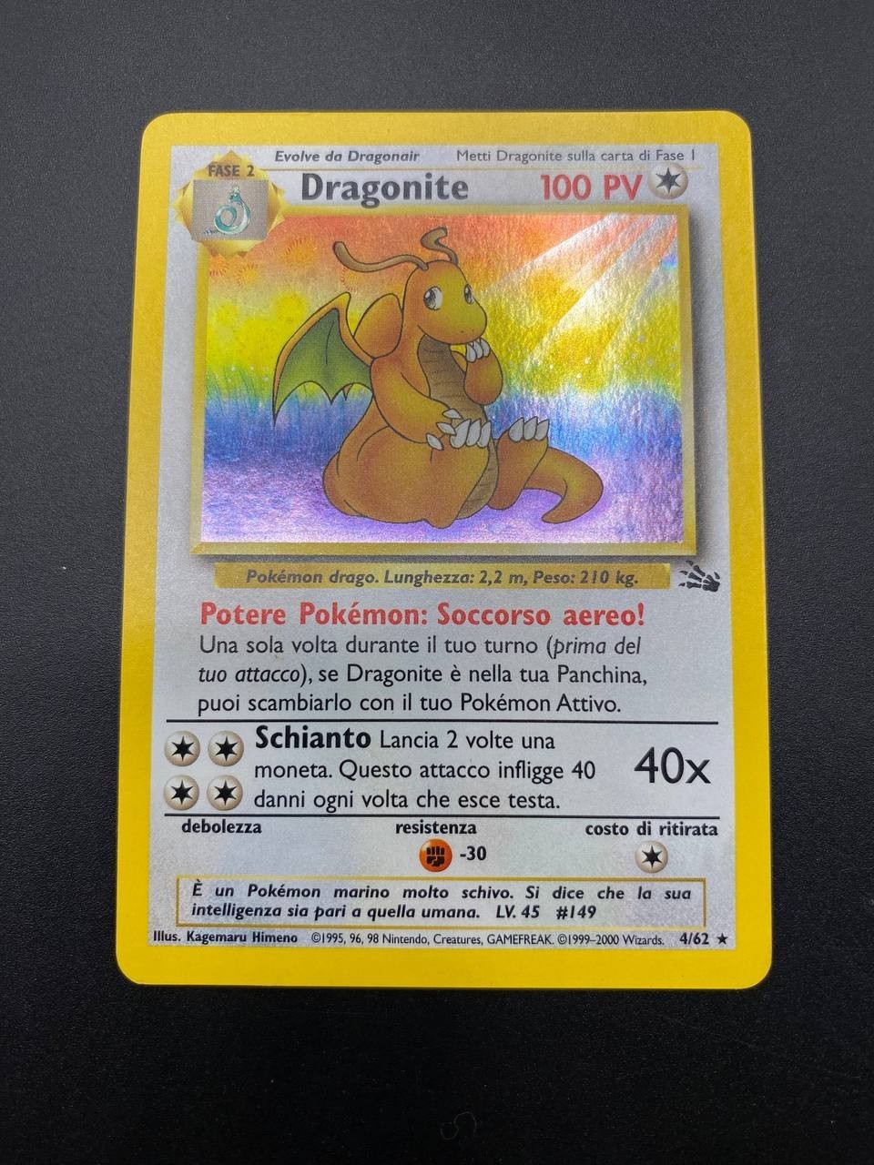 Carta Pokémon Dragonite Holo Rara 4/62 set Fossil Italiano Vintage Excellent