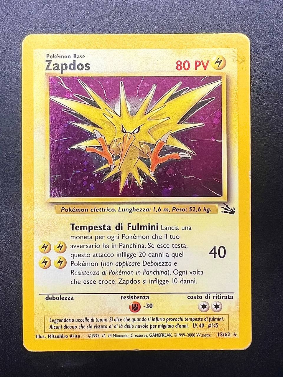Carta Pokemon Zapdos 15/62 set Fossil FO Holo Vintage Italiano Played