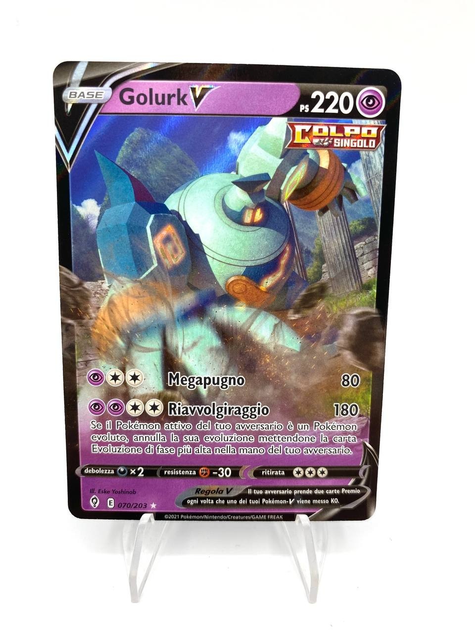 Carta Pokémon Golurk V E 070/203 set Evoluzioni eteree Holo Italiano Near Mint