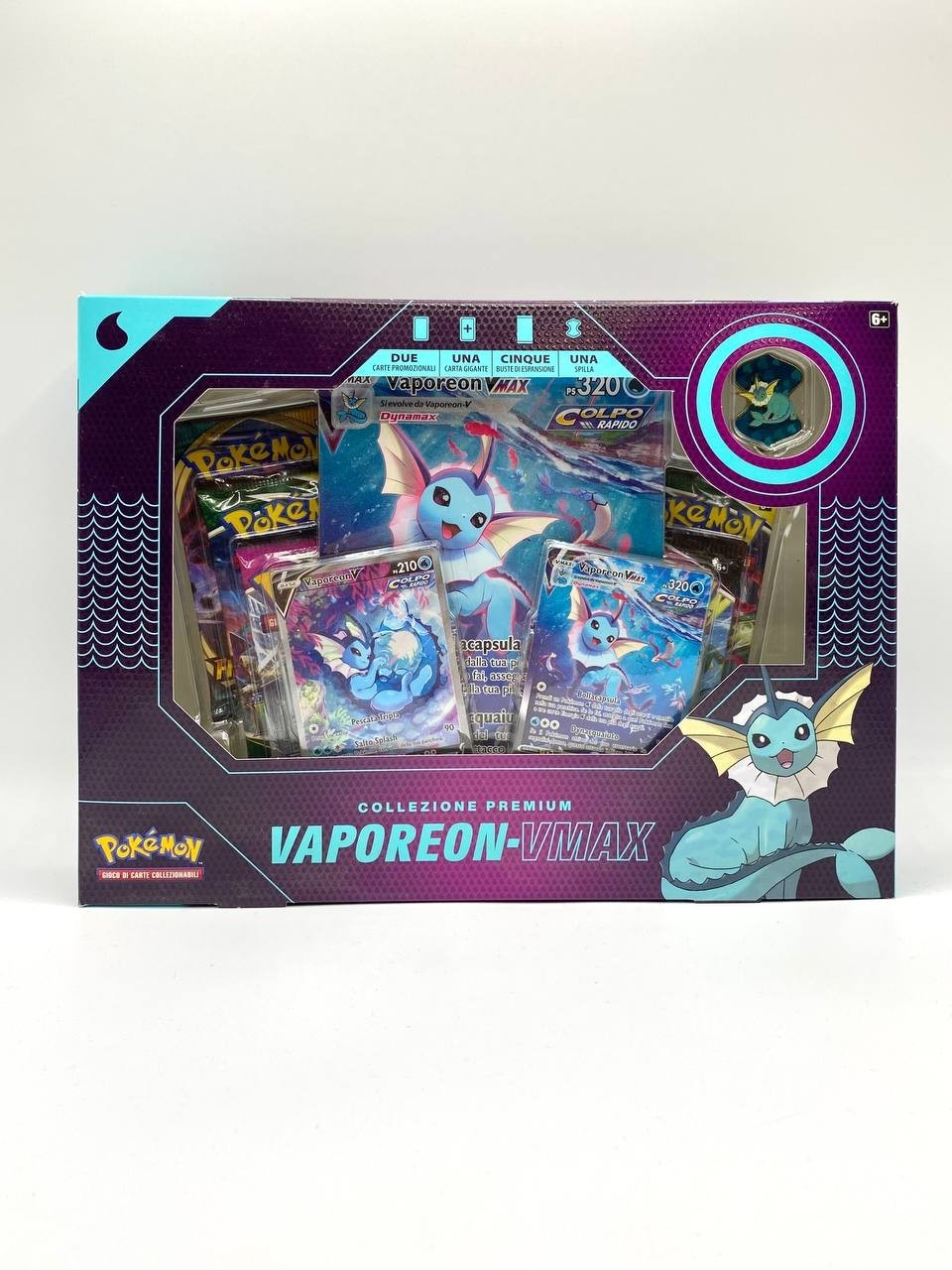 Pokemon Collezione premium Vaporeon V Max Italiano Sealed 5 bustine 1 spilla