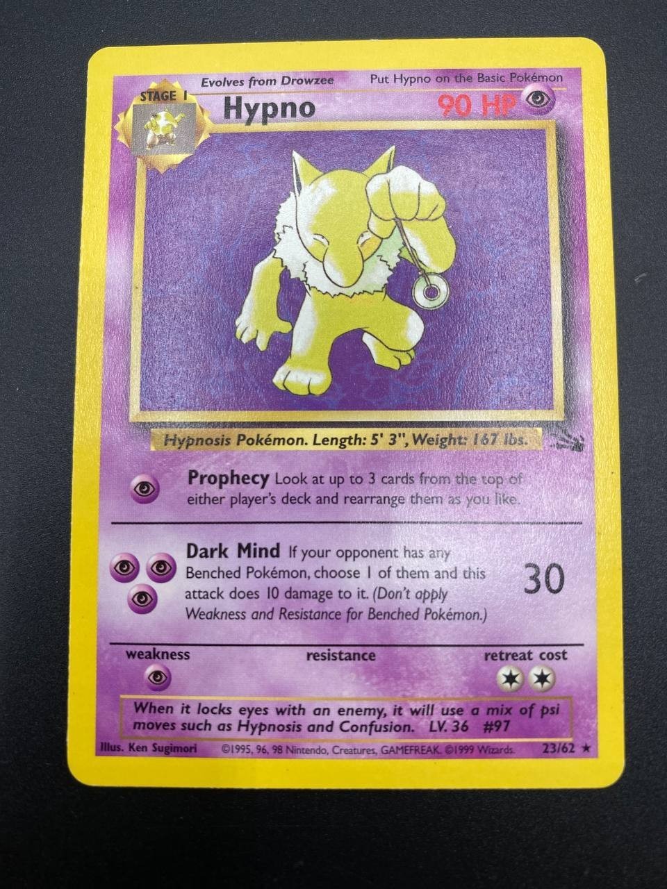 Carta Pokemon Hypno 23/62 Fossil Rara 1 Edizione Inglese Vintage Excellent
