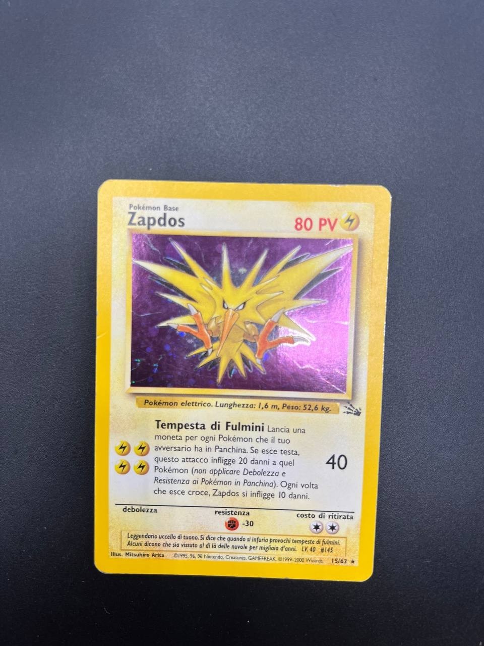 Carta Pokemon Zapdos 15/62 set Fossil FO Holo Vintage Italiano Played