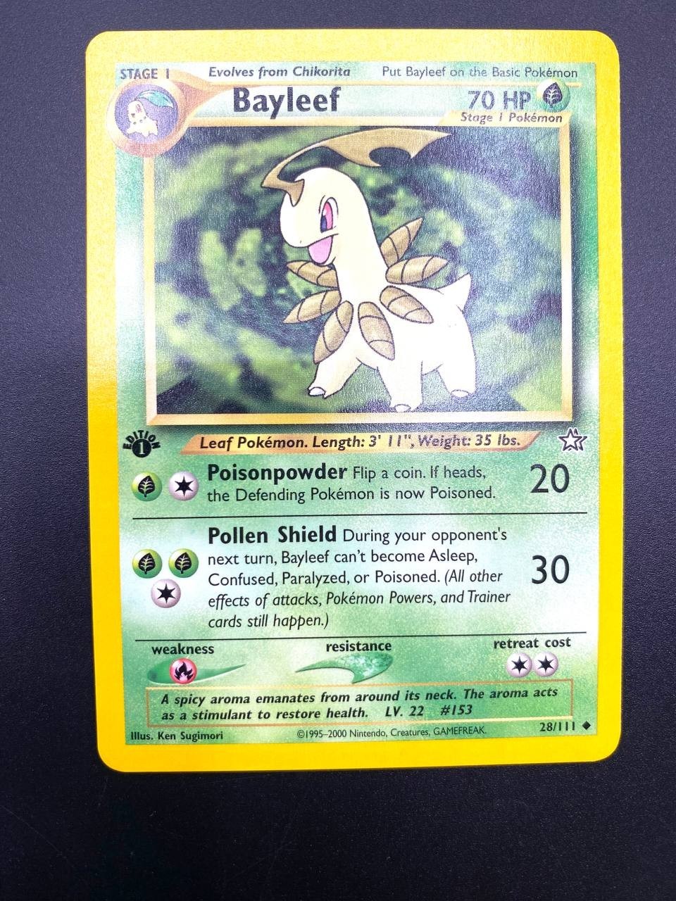 Carta pokemon Bayleef 28/111 set Neo Genesis 1a edizione Inglese Vintage NM