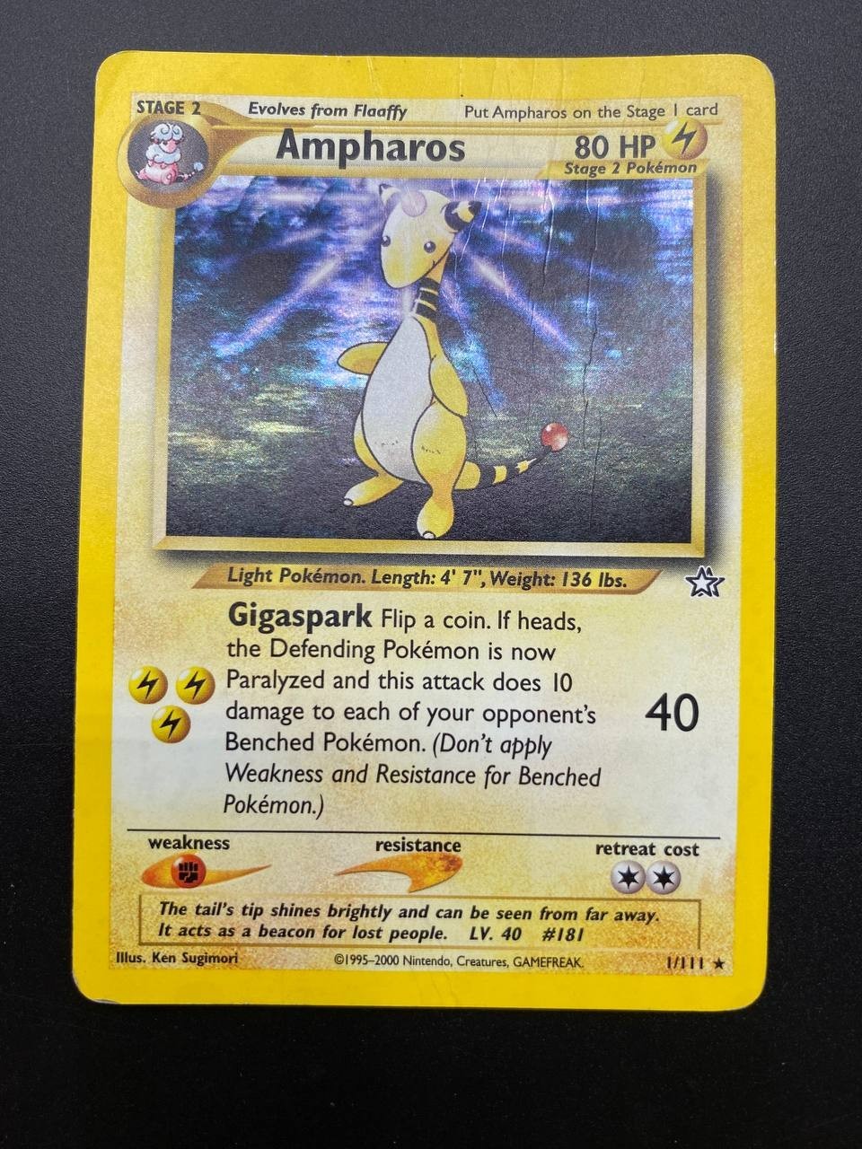 Carta pokemon Ampharos 1/111 set Neo Genesis Holo Poor Inglese Vintage