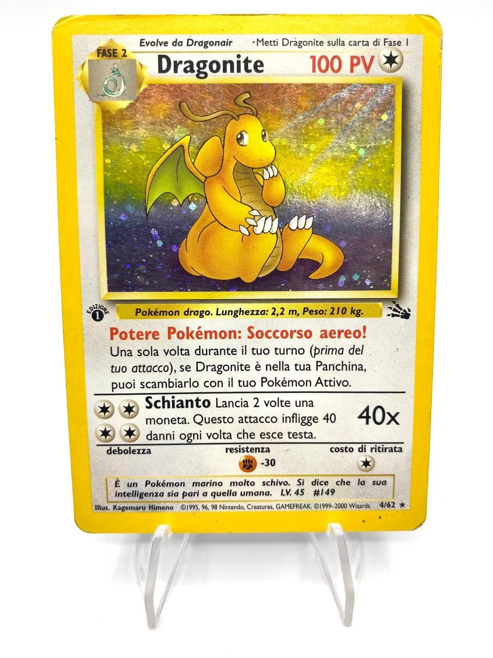 Carta Pokémon Dragonite 4/62 set Fossil Holo Rare 1a Edizione Italiano Played