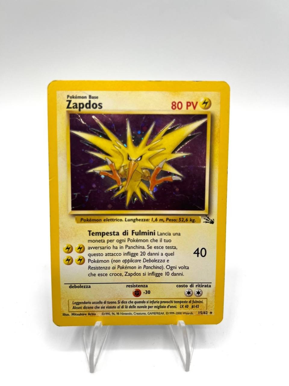 Carta Pokemon Zapdos 15/62 set Fossil FO Holo Vintage Italiano Played