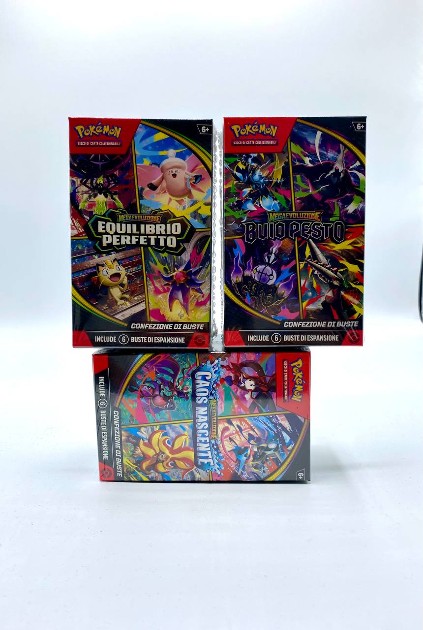 Bundle Pokémon Megaevoluzione – Buio Pesto + Caos Nascente + Equilibrio Perfetto (3x Confezioni da 6 Buste – ITA)