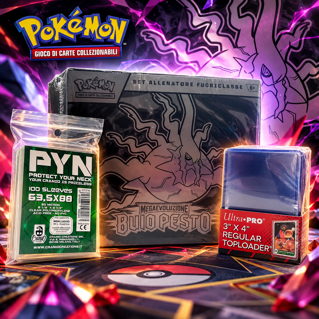Bundle Pokémon Megaevoluzione Buio Pesto – ETB + Sleeves + Toploader